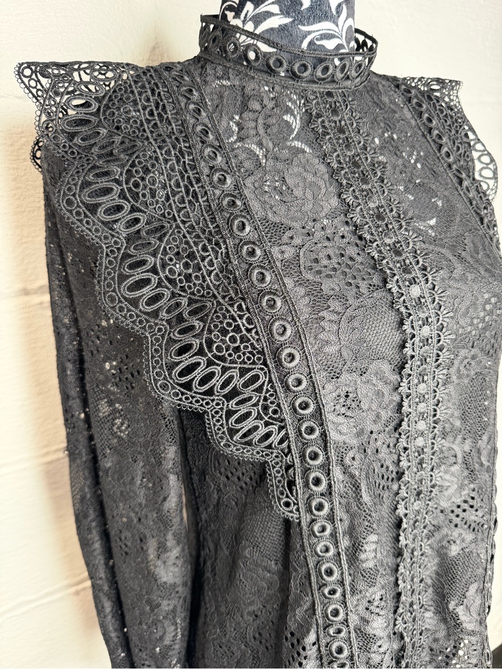 Cable & Gauge Victorian Goth Black Lace Mock Neck Ruffle Blouse with Cami - S - Picture 2 of 10